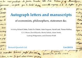 Autograph Letters and Manuscripts of Economists, Philosophers, Statesmen &C
