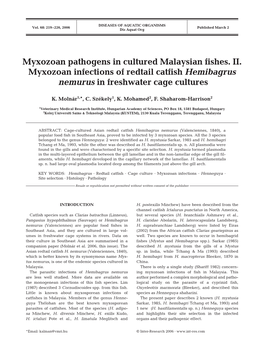 Myxozoan Pathogens in Cultured Malaysian Fishes. II. Myxozoan Infections of Redtail Catfish Hemibagrus Nemurus in Freshwater Cage Cultures