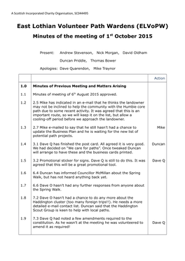 East Lothian Volunteer Path Wardens (Elvopw) Minutes of the Meeting of 1St October 2015