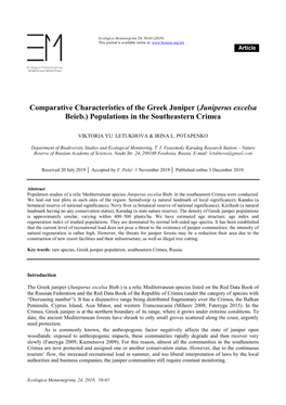 Comparative Characteristics of the Greek Juniper (Juniperus Excelsa Beieb.) Populations in the Southeastern Crimea