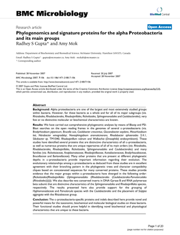 Phylogenomics and Signature Proteins for the Alpha Proteobacteria and Its Main Groups Radhey S Gupta* and Amy Mok