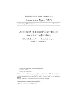Assessment and Social Construction: Conflict Or Co-Creation? Roberta Rehner Iversen, Kenneth J