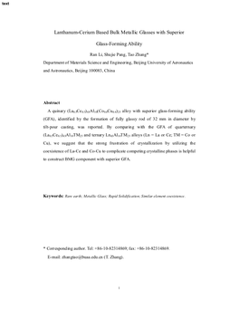 Lanthanum-Cerium Based Bulk Metallic Glasses with Superior