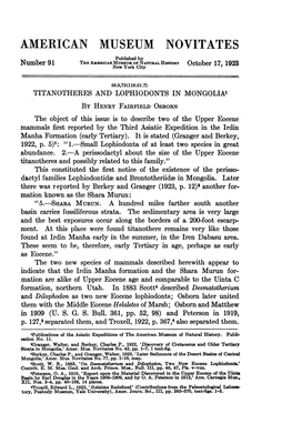 AMERICAN MUSEUM NOVITATES Published by Number 91 the AMERICAN Museum of Natural History October 17, 1923 New York City