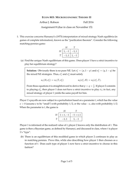 Interpretation of Mixed Strategy Nash Equilibria (In Games of Complete Information), Known As the “Puriﬁcation Theorem”