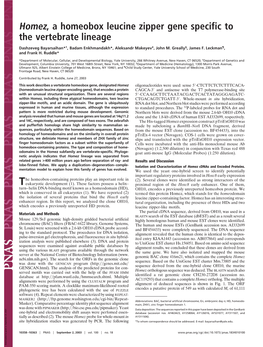 Homez, a Homeobox Leucine Zipper Gene Specific to the Vertebrate Lineage