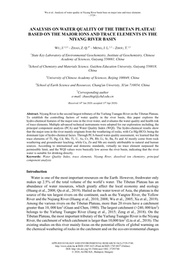 Analysis on Water Quality of the Tibetan Plateau Based on the Major Ions and Trace Elements in the Niyang River Basin