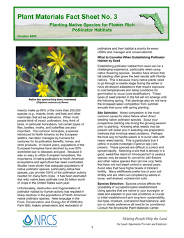 Plant Materials Fact Sheet Planting Native Species for Flower Rich Pollinator Habitat