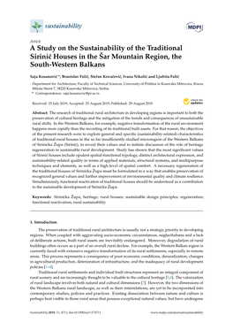 A Study on the Sustainability of the Traditional Sirinić Houses in the Šar Mountain Region, the South-Western Balkans