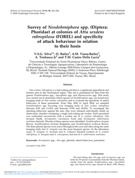 At Colonies of Atta Sexdens Rubropilosa (FOREL) and Speciﬁcity of Attack Behaviour in Relation to Their Hosts