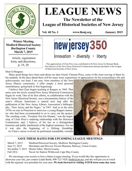 LEAGUE NEWS the Newsletter of the League of Historical Societies of New Jersey