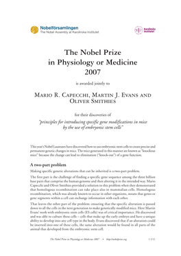 The Nobel Prize in Physiology Or Medicine 2007