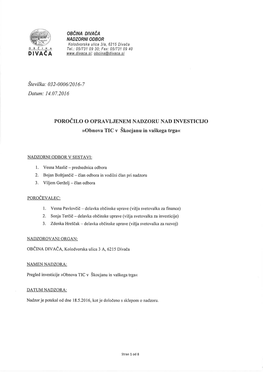 OBCINA DIVACA NADZORNIODBOR Kolodvorska Ulica 3/A, 6215 Diva6a OD~INA Tel.: 05/731 0930; Fax: 05/731 09 40 DIVACA .Si;Obcina@Divacb.Si