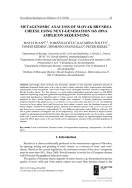 METAGENOMIC ANALYSIS of SLOVAK BRYNDZA CHEESE USING NEXT-GENERATION 16S Rdna AMPLICON SEQUENCING