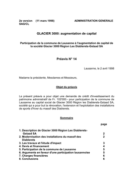 GLACIER 3000: Augmentation De Capital Préavis N° 14