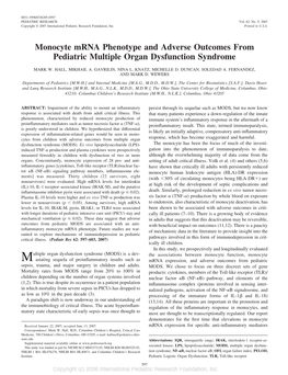 Monocyte Mrna Phenotype and Adverse Outcomes from Pediatric Multiple Organ Dysfunction Syndrome