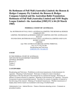 Re Rothmans of Pall Mall (Australia) Limited; the Benson & Hedges