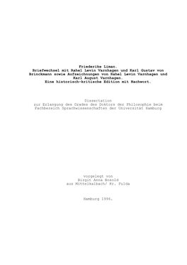 Friederike Liman. Briefwechsel Mit Rahel Levin Varnhagen Und Karl Gustav Von Brinckmann Sowie Aufzeichnungen Von Rahel Levin Varnhagen Und Karl August Varnhagen