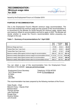 RECOMMENDATION - Minimum Wage Rates for 2020