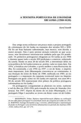 A Tentativa Portuguesa De Colonizar Sri Lanka (1580-1630)