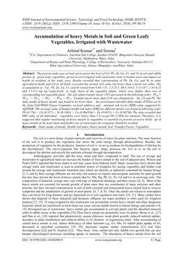 Accumulation of Heavy Metals in Soil and Green Leafy Vegetables, Irrigated with Wastewater