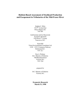 Table 2. Habitat-Based Estimates of Steelhead Production in Mid-Fraser River and Tributaries, Excluding Confined Reaches