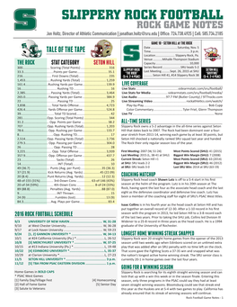 SLIPPERY ROCK FOOTBALL ROCK GAME NOTES Jon Holtz, Director of Athletic Communication | Jonathan.Holtz@Sru.Edu | Office: 724.738.4925| Cell: 585.734.2185