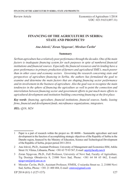 Financing of the Agriculture in Serbia: State and Prospects