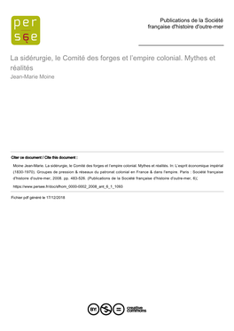 La Sidérurgie, Le Comité Des Forges Et L'empire Colonial. Mythes Et Réalités