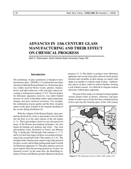 ADVANCES in 13Th CENTURY GLASS MANUFACTURING and THEIR EFFECT on CHEMICAL PROGRESS Seth C