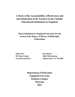 A Study of the Accountability, Effectiveness and Job Satisfaction of the Teachers in the Catholic Educational Institutions in Nagaland