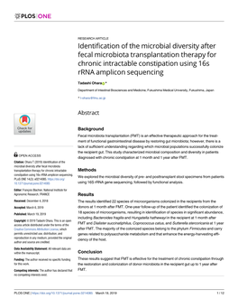 Identification of the Microbial Diversity After Fecal Microbiota Transplantation Therapy for Chronic Intractable Constipation Using 16S Rrna Amplicon Sequencing