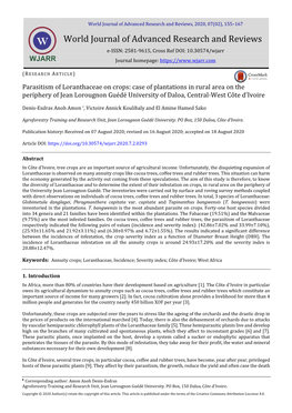 Parasitism of Loranthaceae on Crops: Case of Plantations in Rural Area on the Periphery of Jean Lorougnon Guédé University of Daloa, Central-West Côte D'ivoire