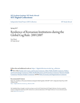 Resilience of Romanian Institutions During the Global Gag Rule: 20012007 Sara Hayet SIT Study Abroad