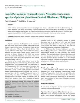 Nepenthes Cabanae (Caryophyllales, Nepenthaceae), a New Species of Pitcher Plant from Central Mindanao, Philippines