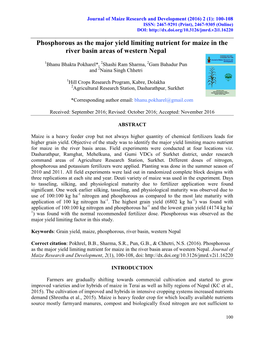 Phosphorous As the Major Yield Limiting Nutrient for Maize in the River Basin Areas of Western Nepal