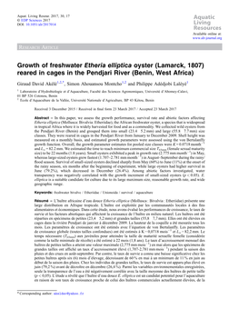 Growth of Freshwater Etheria Elliptica Oyster (Lamarck, 1807) Reared in Cages in the Pendjari River (Benin, West Africa)