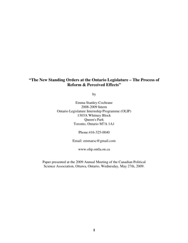 “The New Standing Orders at the Ontario Legislature – the Process of Reform & Perceived Effects”