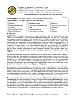 Ceqa Summary of Information San Luis Obispo County Department of Planning and Building