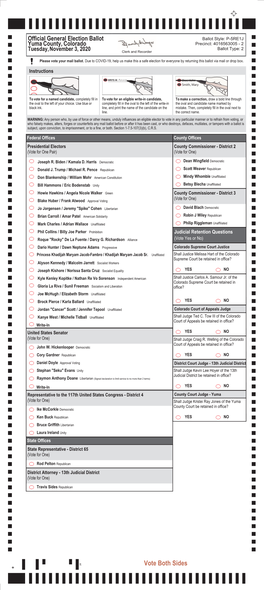 P-5RE1J Yuma County, Colorado Precinct: 4016563005 - 2 Ballot Type: 2 Tuesday, November 3, 2020 Clerk and Recorder