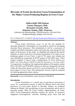 Diversity of Yeasts Involved in Cocoa Fermentation of Six Major Cocoa-Producing Regions in Ivory Coast