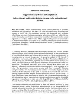 Supplementary Notes to Chapter Six Indian Liberals and Greater Britain: the Search for Union Through History