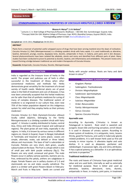 Ethnopharmacological Properties of Cocculus Hirsutus (L.) Diels- a Review