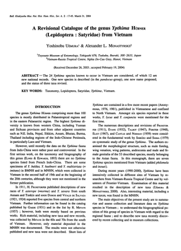 A Revisional Catalogue of the Genus Ypthima Hubner (Lepidoptera : Satyridae) from Vietnam