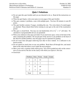 Quiz 1 Solutions Do Not Open This Quiz Booklet Until You Are Directed to Do So