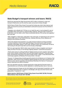 State Budget's Transport Winners and Losers: RACQ