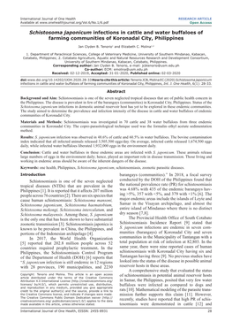 Schistosoma Japonicum Infections in Cattle and Water Buffaloes of Farming Communities of Koronadal City, Philippines