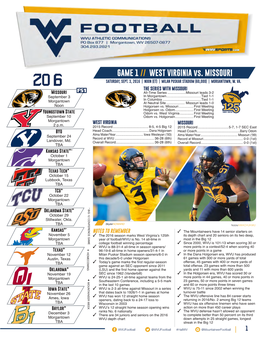 GAME 1 // WEST VIRGINIA Vs. MISSOURI 2016 SATURDAY, SEPT