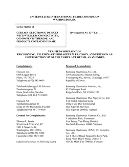 Complaint of Ericsson Inc., Telefonaktiebolaget Lm Ericsson, and Ericsson Ab Under Section 337 of the Tariff Act of 1930, As Amended