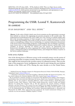Programming the USSR: Leonid V. Kantorovich in Context